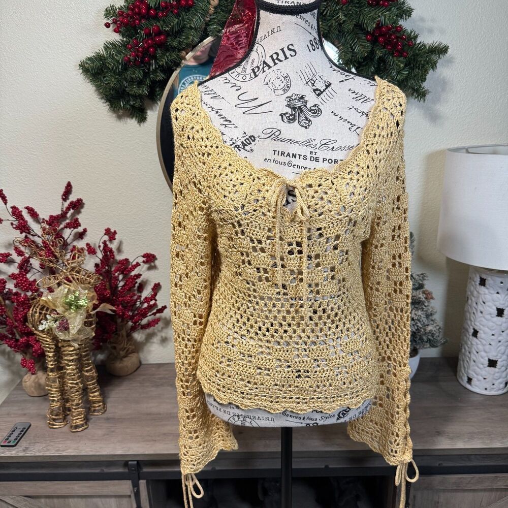 Vintage Crochet Tie Front Sweater Size M Bell Sleeve Y2k Boho Indie Festival
